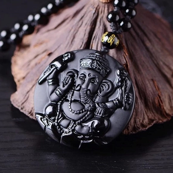 NWT Black Obsidian Ganesha Adjustable Necklace for Men or Women - Picture 4 of 9